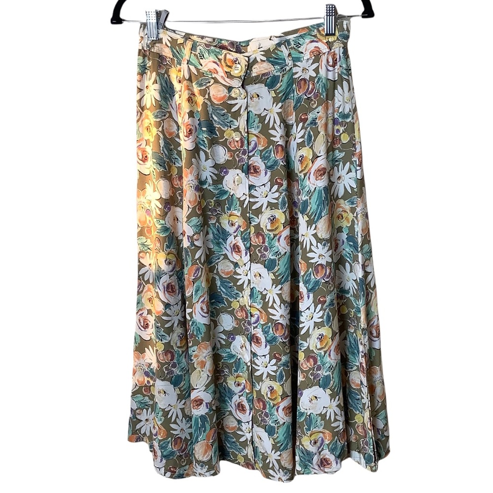 Vintage Button Down Rayon High Waist Cottagecore Prairie Floral Midi Skirt Sz 4